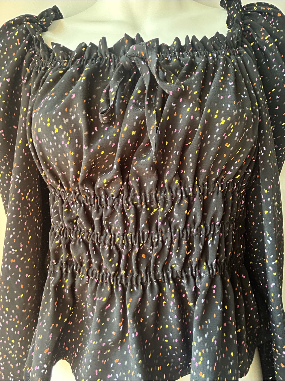Topshop Black Smocked Long-Sleeve Blouse with Multicolor Confetti